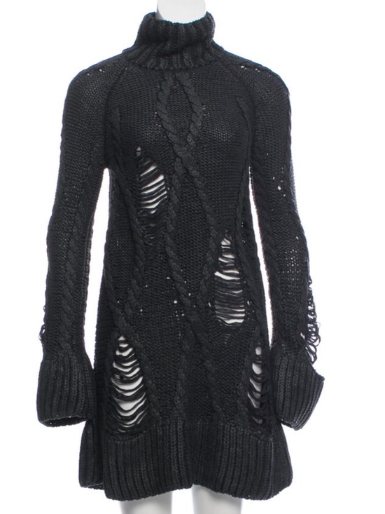 Alexander McQueen Sweaters - ALEXANDER McQUEEN 09 Dark Gray Cable-Knit Turtleneck Sweater Dress Distressed SM